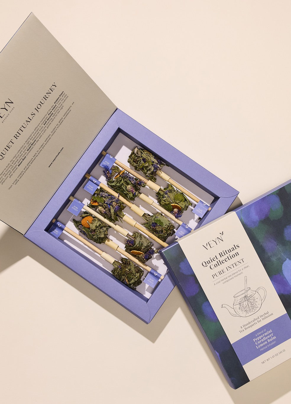Veyn Quiet Rituals Collection Pure Intent herbal tea box open with botanical sticks