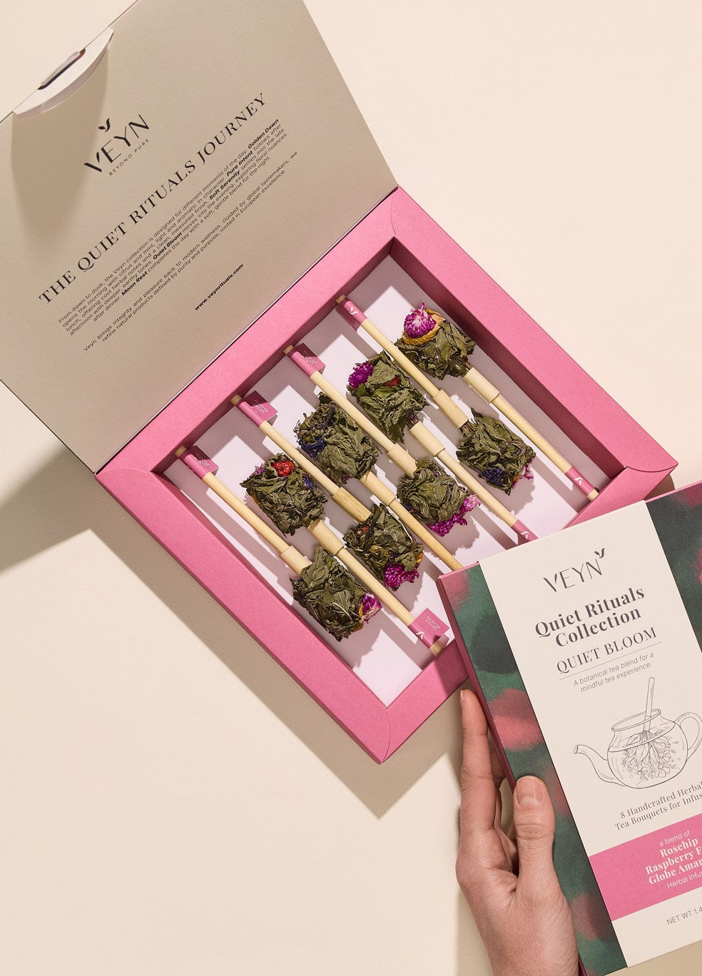 Quiet Bloom Botanical Tea Bouquets in the Veyn gift box.
